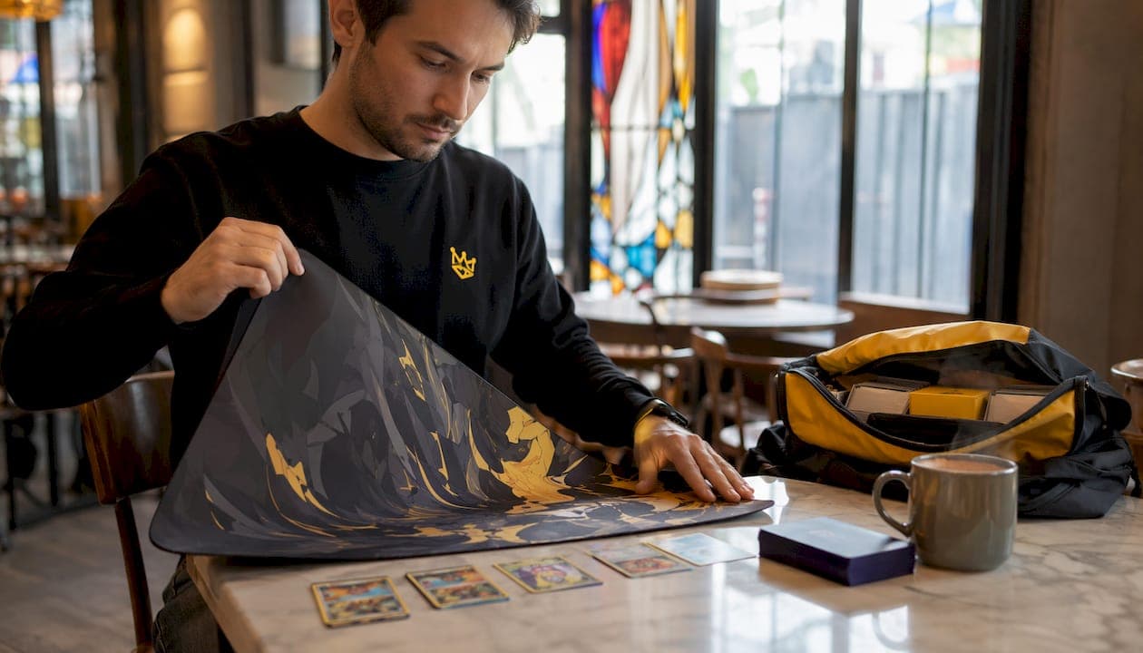 Un enfant déplie son tapis de jeu Pokémon, prêt à commencer une partie.