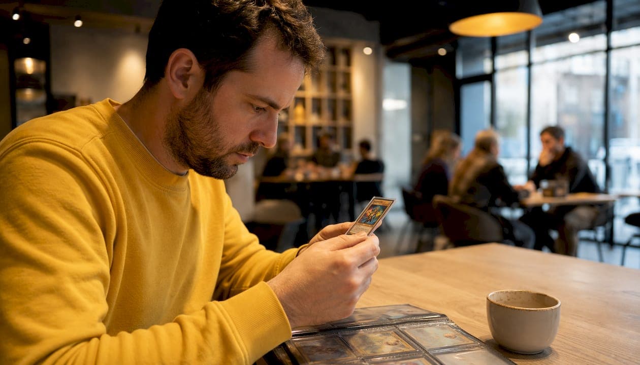 Un passionné de cartes Pokémon en train d’observer minutieusement une carte chez lui